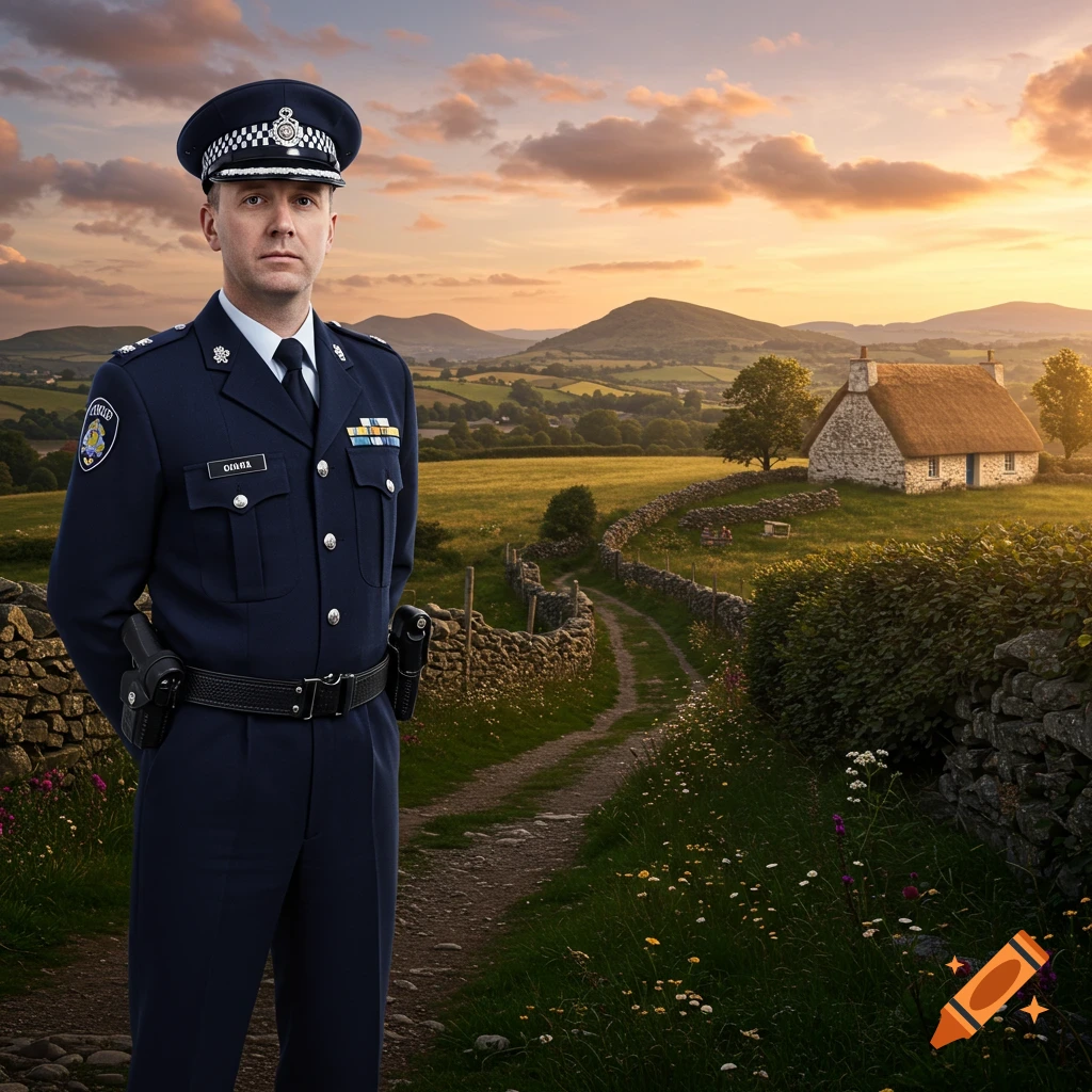 A police officer in uniform stands in a photorealistic rural landscape with a thatched cottage, stone walls, and sunset sky.