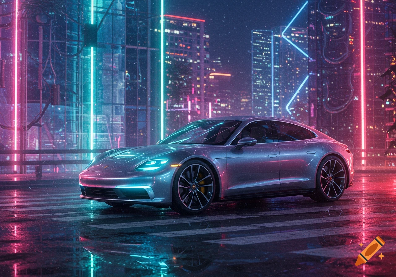 A sleek silver Porsche car sits on a wet city street at night, illuminated by vibrant neon pink and blue lights from the futuristic cityscape.