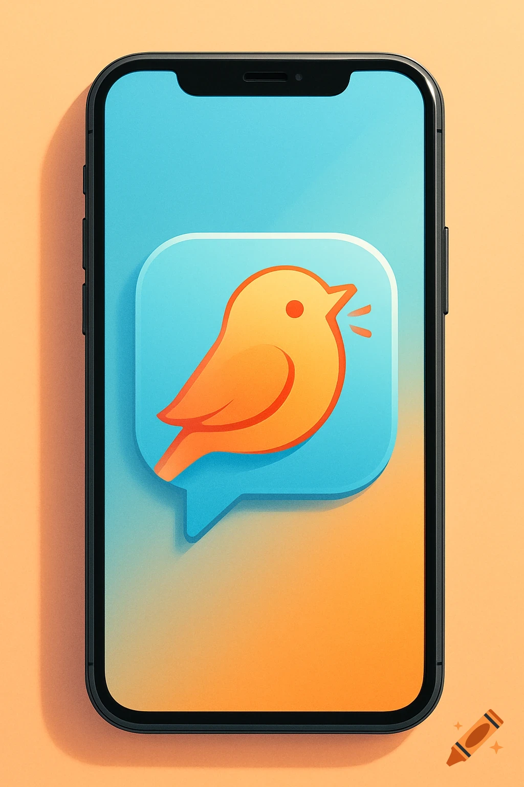 A smartphone displays a clean, stylized app icon of an orange bird in a blue speech bubble.
