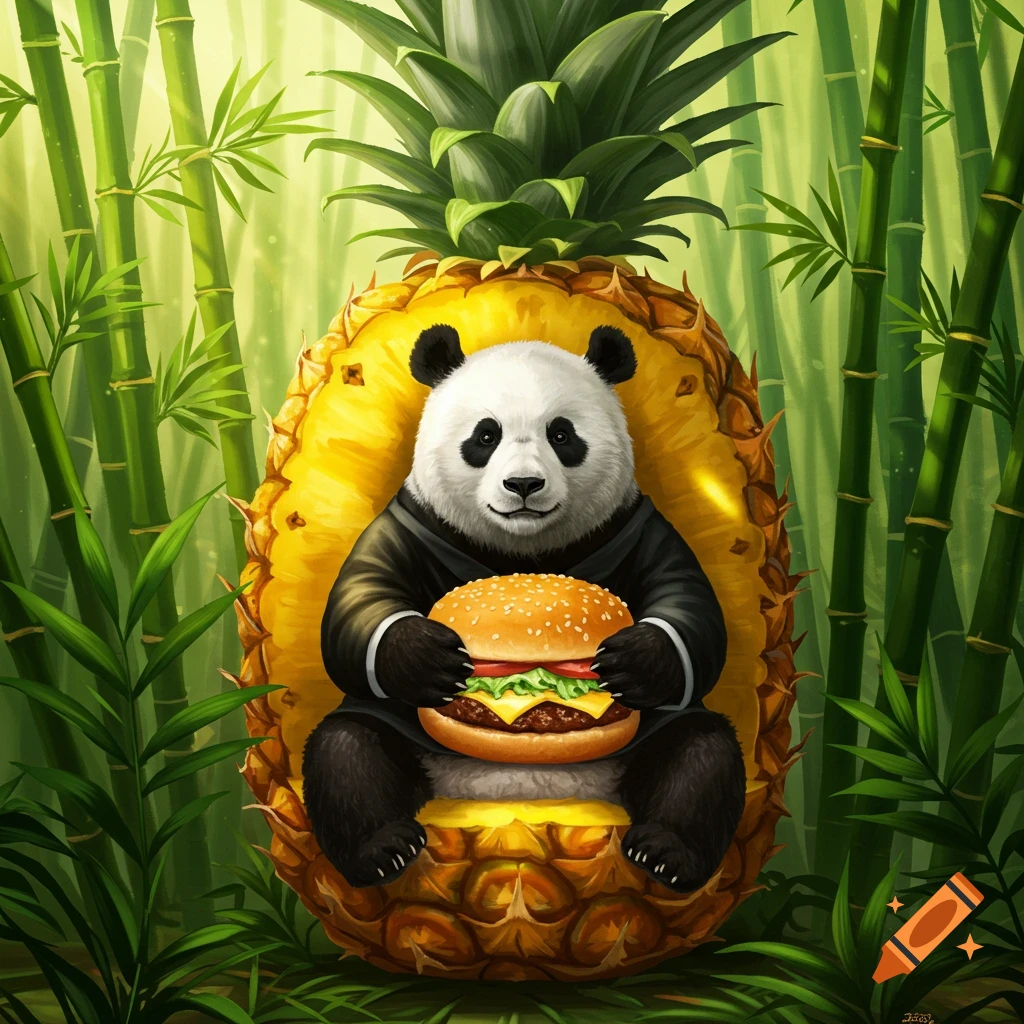 A whimsical illustration of a panda in a suit, sitting in a pineapple chair, eating a hamburger amidst a bamboo forest.
