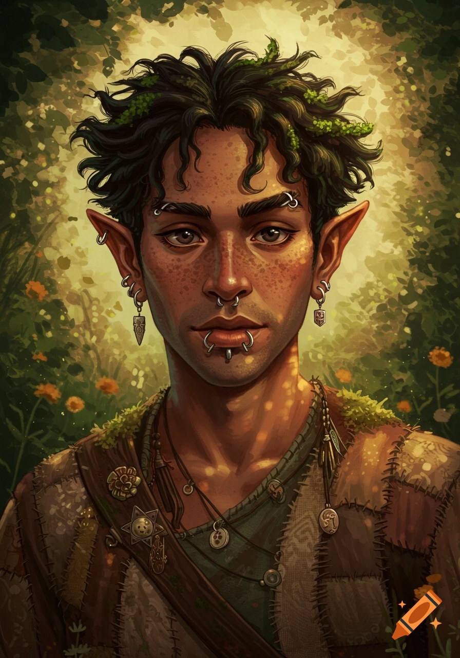 Fantasy portrait of a young man with dark curly hair, elf ears, freckles, and many piercings, dressed in goblincore aesthetic.