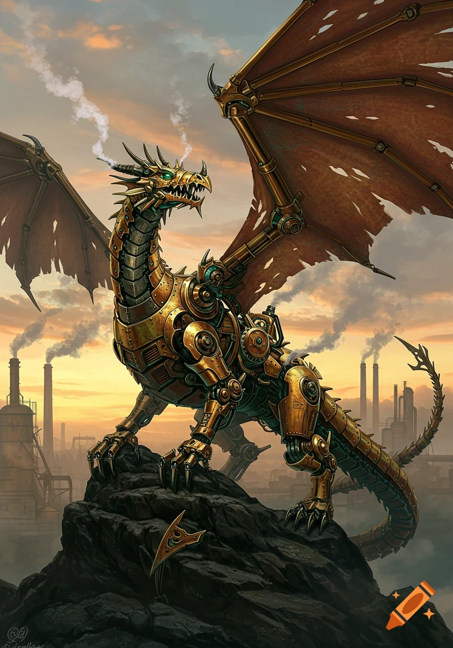 A majestic steampunk mechanical dragon, with brass and bronze gears, perched on a rock against a sunset sky with industrial smokestacks.