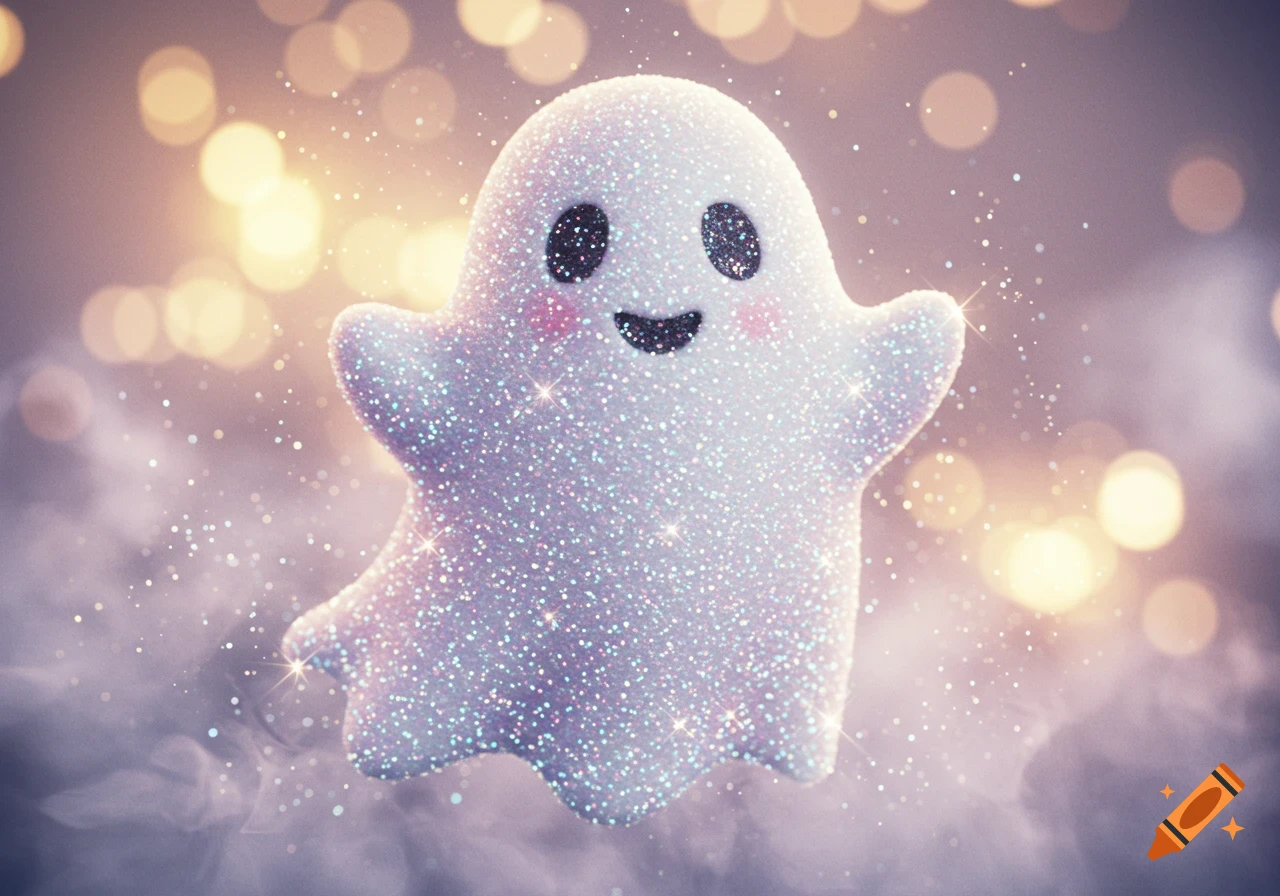 A cute, glittery white ghost with a happy face, surrounded by shimmering lights and sparkling dust.