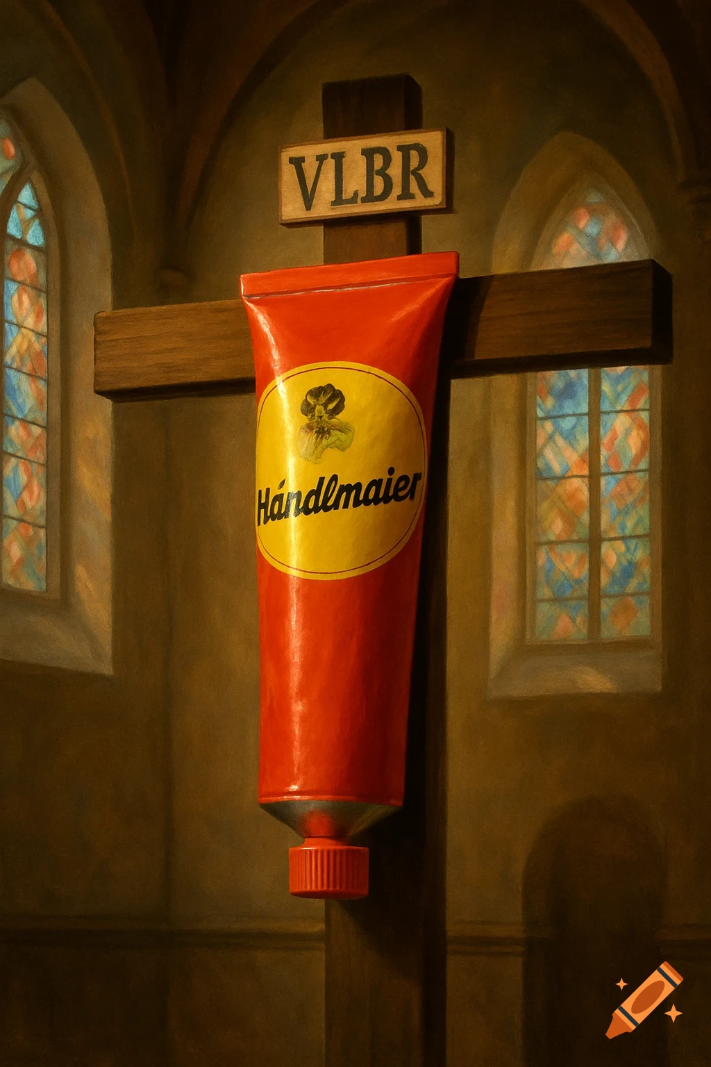 A photorealistic painting of a red Händlmaier mustard tube hanging on a wooden crucifix in a church, with stained glass windows.