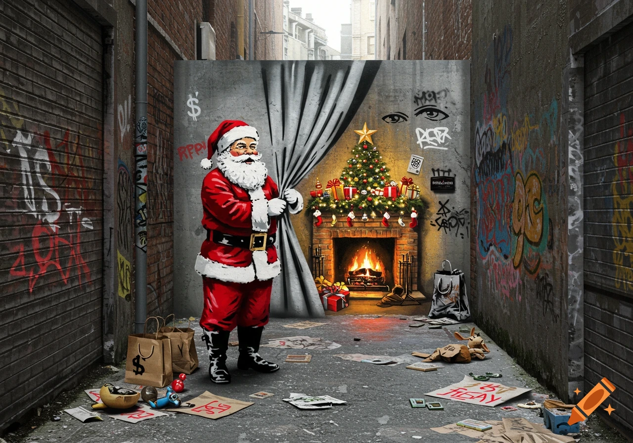 Santa Claus pulls back a grey curtain in a graffiti-covered alley to reveal a cozy Christmas scene with a tree and fireplace.
