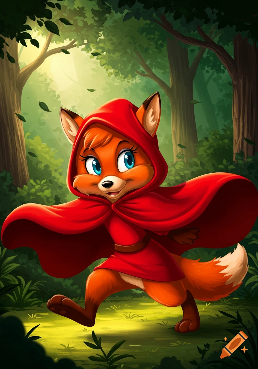A cheerful cartoon red fox character in a red cloak runs through a sunlit forest.