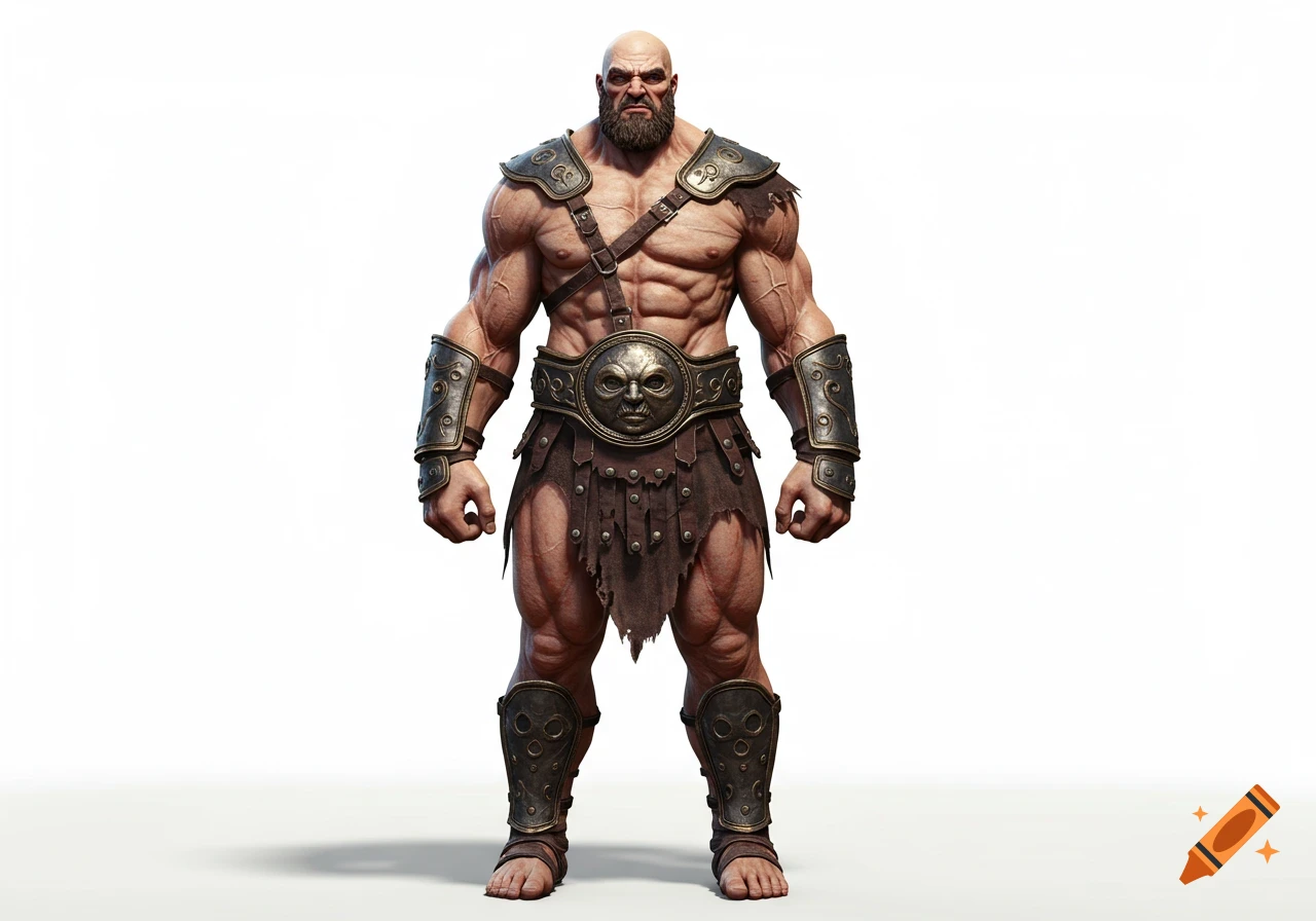 Heavily muscled bald man with a beard in ancient warrior armor, standing on a white background.