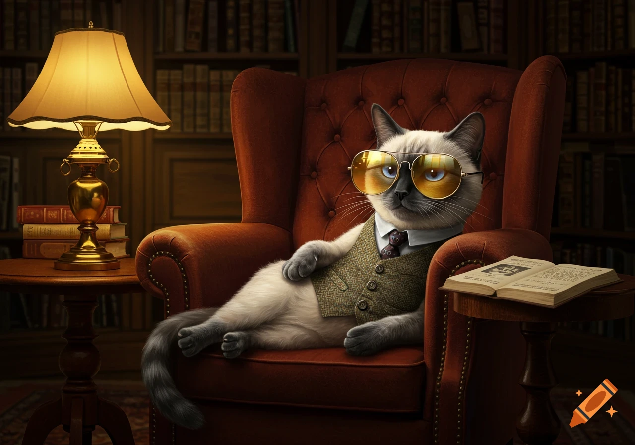 A Siamese cat wearing a vest, tie, and sunglasses lounges in a red armchair in a dimly lit library.