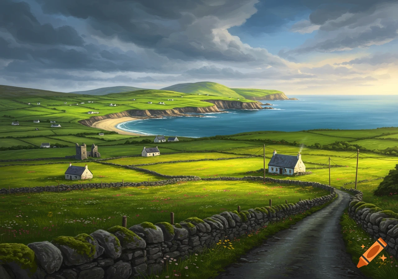 Vibrant green Irish coastal landscape with white cottages, stone walls, and a path leading to a bay under a cloudy sky, painted style.