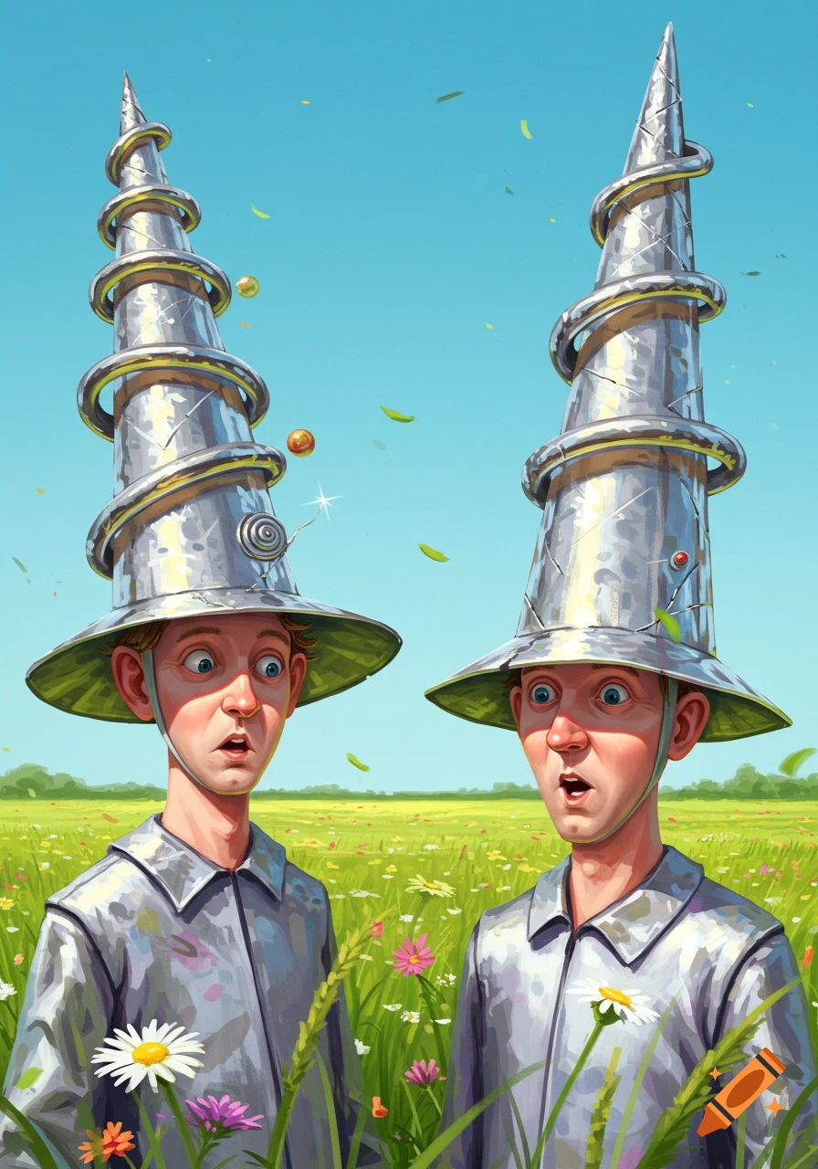 Two surprised men wearing tall, conical metal hats stand in a vibrant field of wildflowers under a blue sky, in an illustrative style.