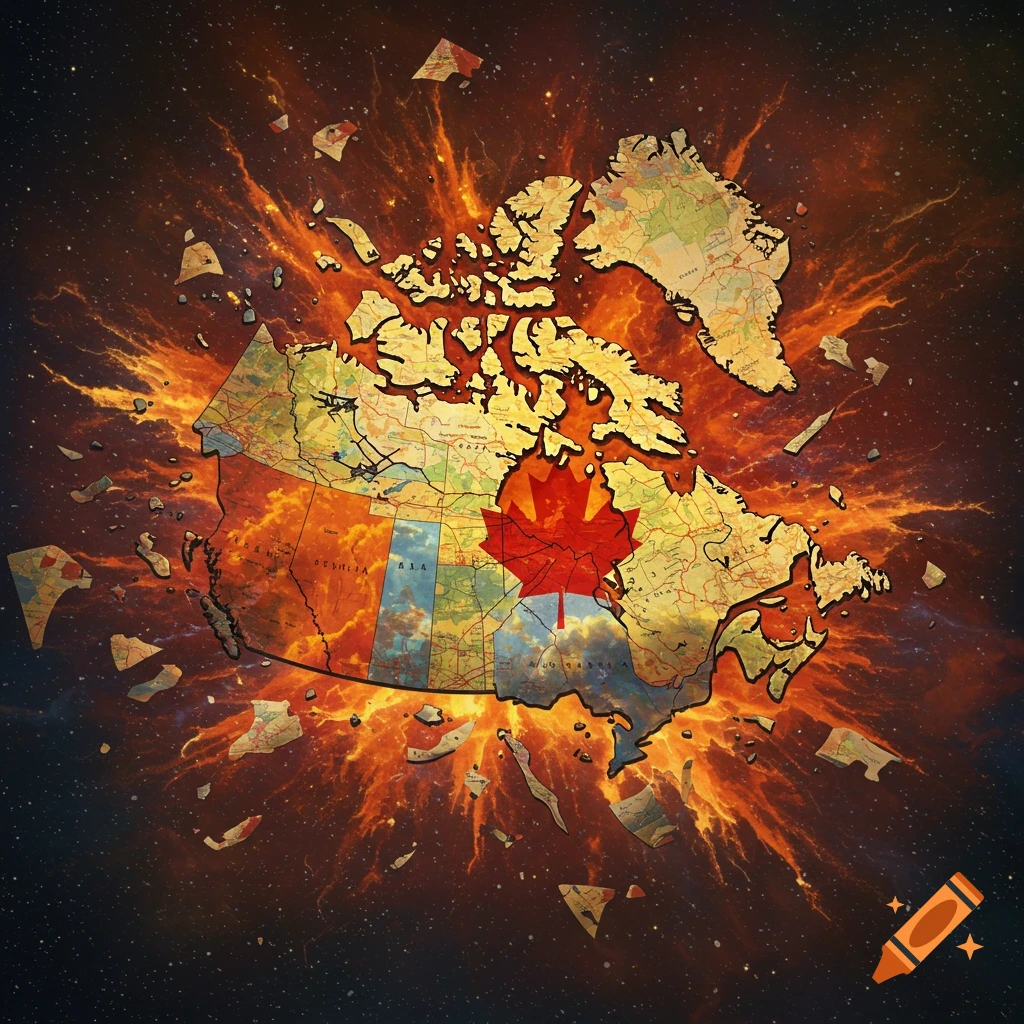 A stylized map of Canada exploding with fiery energy against a starry background.