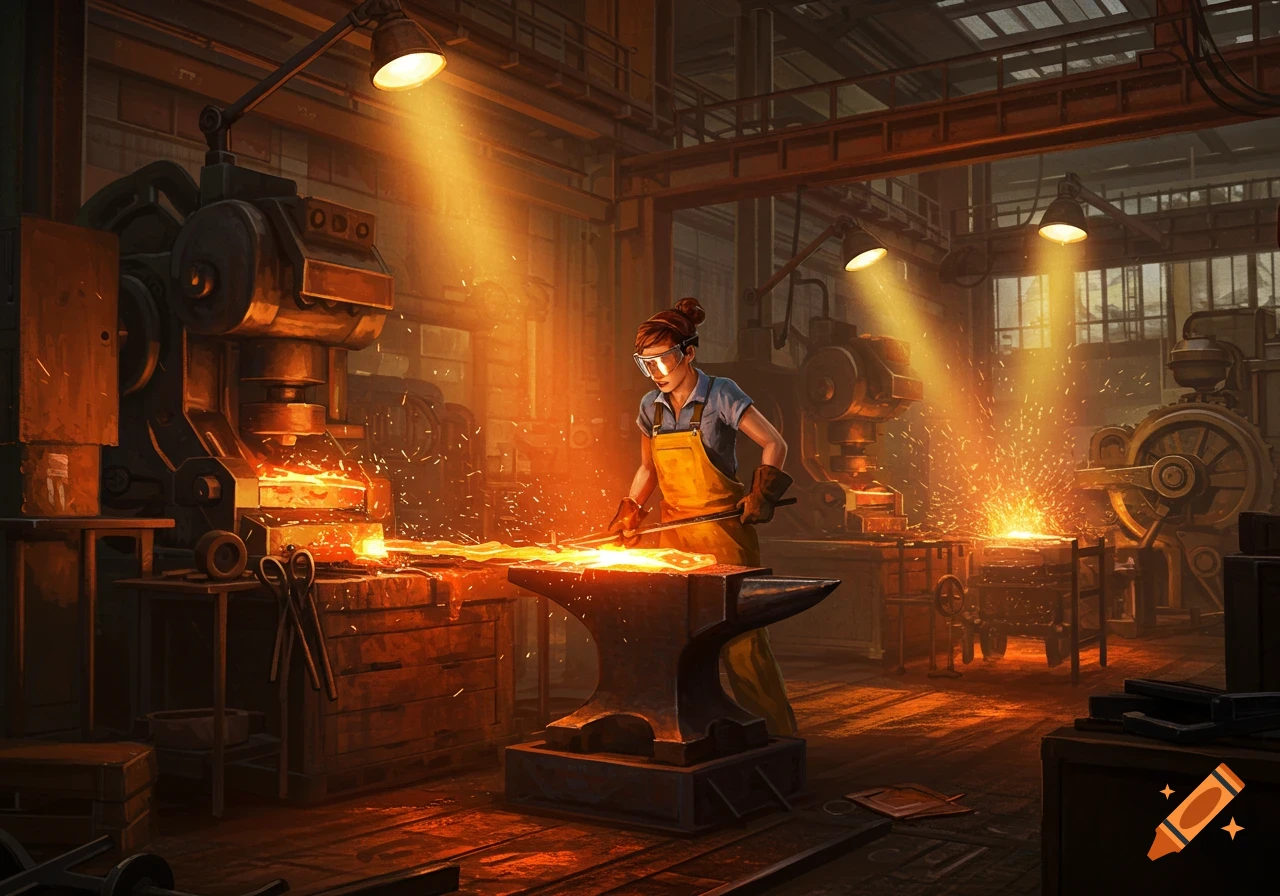 A woman blacksmith in a glowing industrial forge, surrounded by sparks, working on hot metal with dramatic lighting.