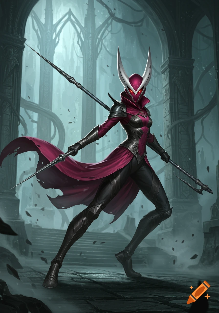 A masked, horned fantasy character in crimson and dark armor holding a spear, standing in gothic ruins.