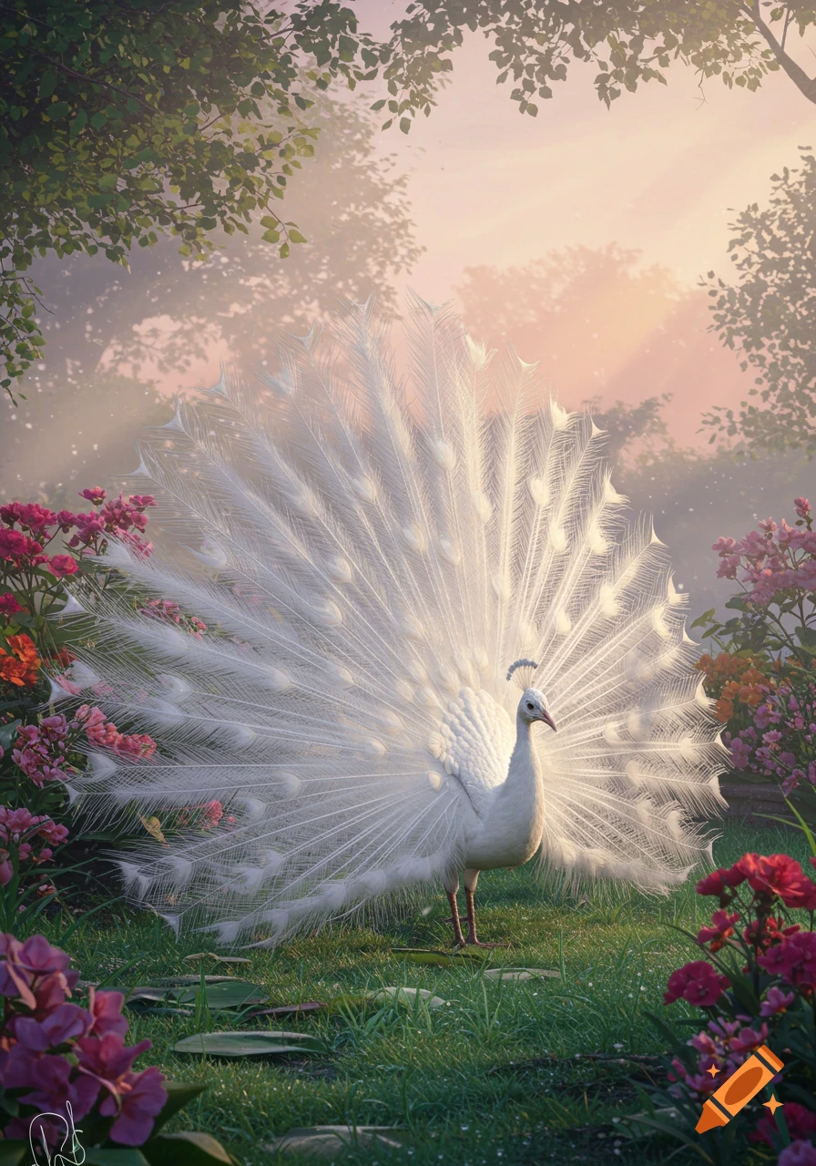 An albino peacock with its white tail fanned out stands in a lush garden filled with pink and red flowers, bathed in soft, ethereal sunlight.