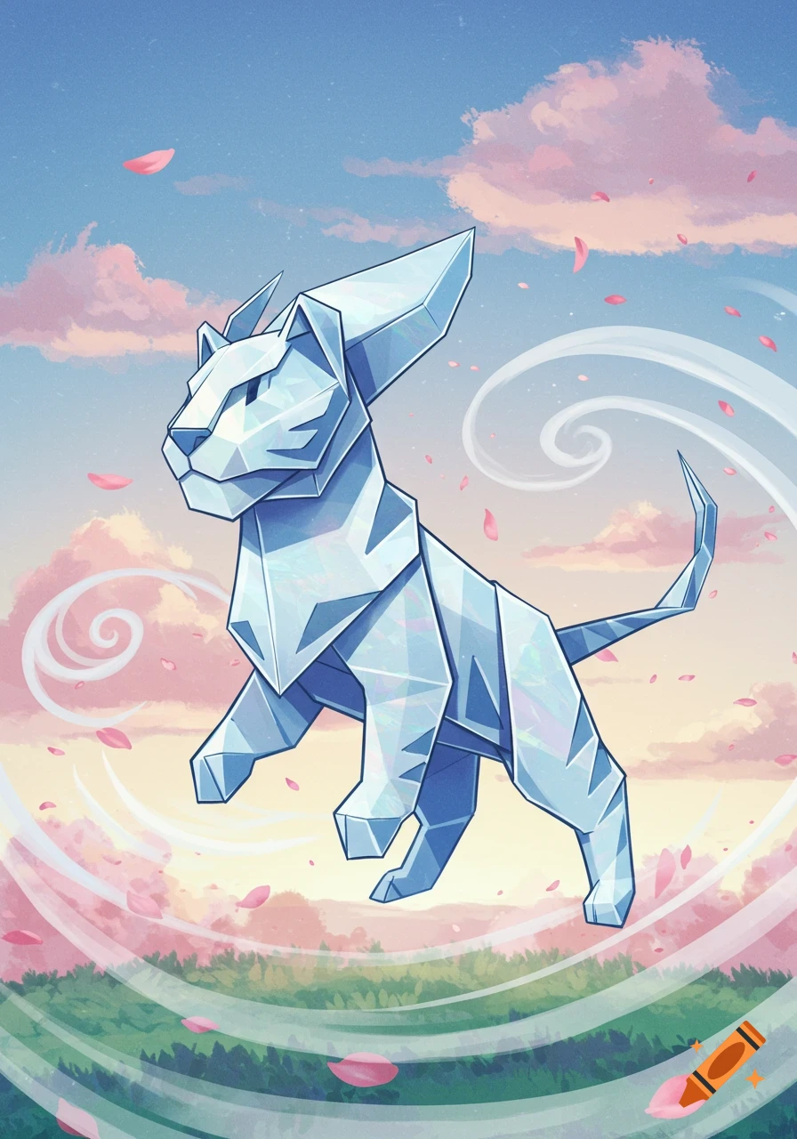 A stylized origami crystal tiger floats in a pastel sky with pink clouds, wind, and falling petals over a green landscape.