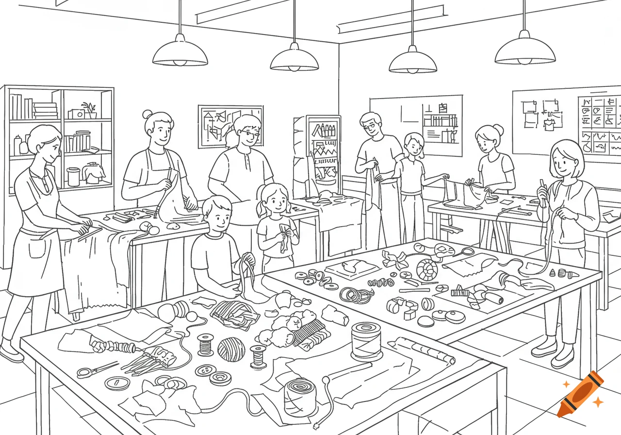 A group of adults and children crafting with fabrics and materials at tables in a line art style workshop.