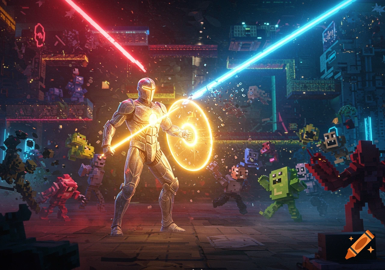 Futuristic warrior battles pixelated video game monsters with an energy shield and laser sword in a digital arena.