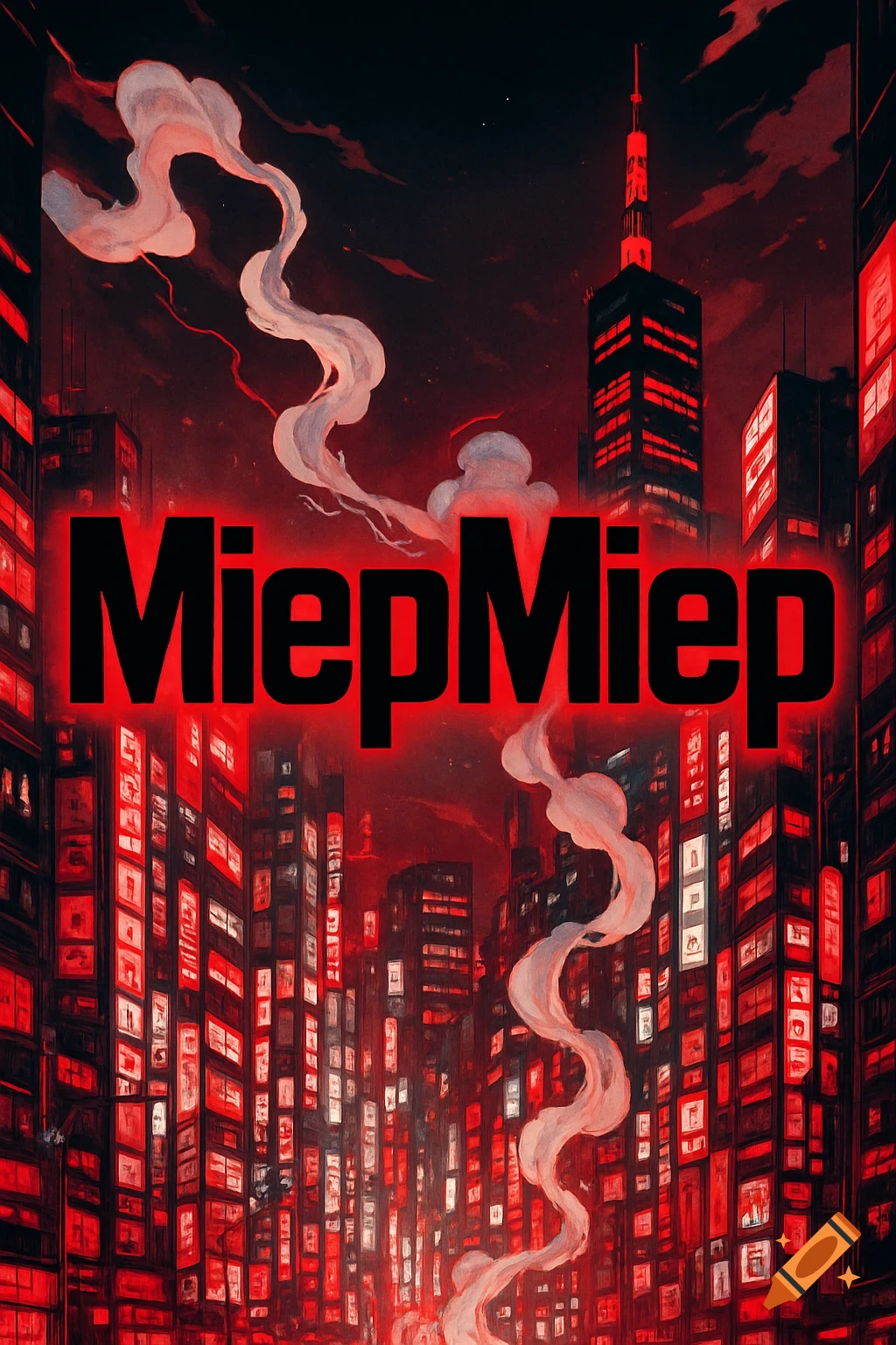 Anime-style Tokyo night cityscape in red and black, with glowing text 'MiepMiep' in the center.