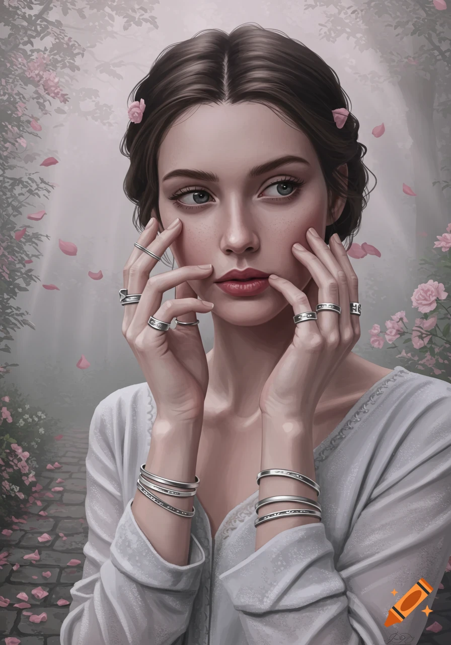 A pensive woman with dark hair and many rings on her fingers and bracelets on her wrists in a misty rose garden.