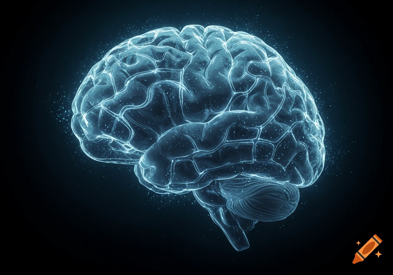 A glowing, translucent human brain with visible neural networks and sparkling particles on a dark background.