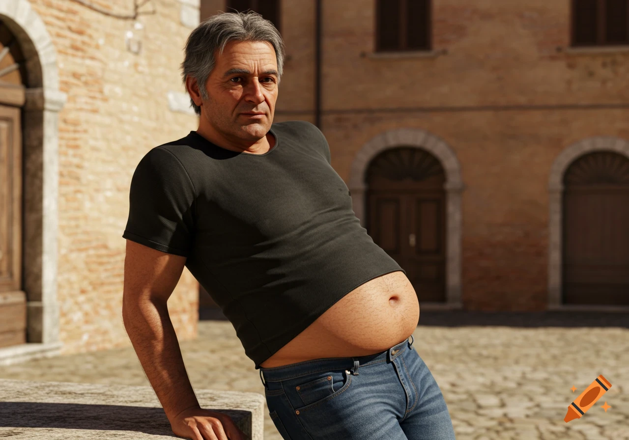 A photorealistic portrait of an older man with grey hair, a black t-shirt, and blue jeans, leaning on a stone wall outdoors.