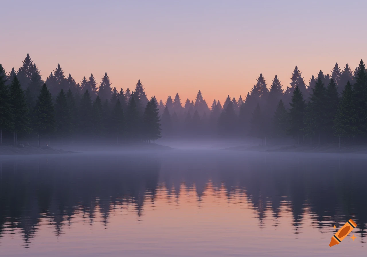 Misty lake reflecting a dense forest and a soft gradient sky at dawn or dusk.
