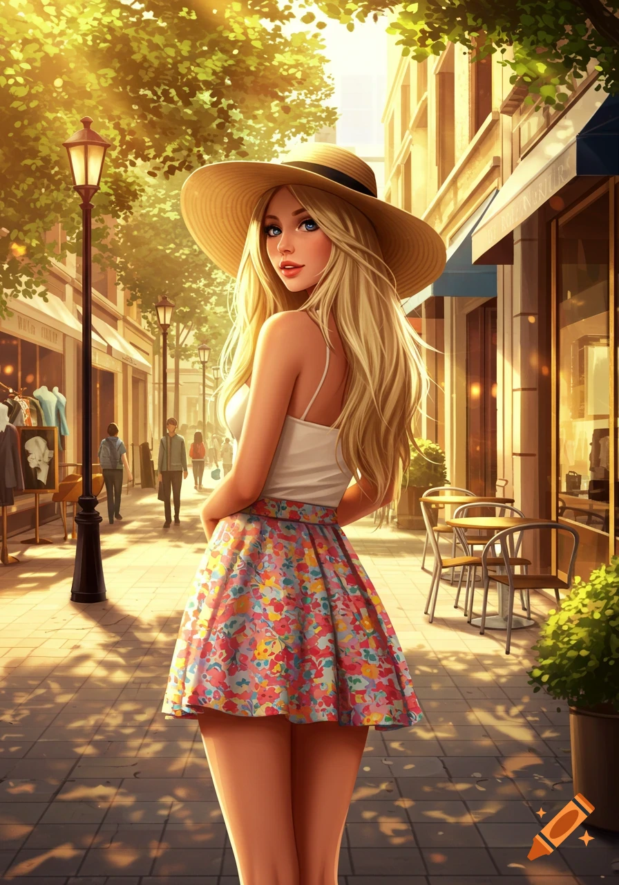 A blonde woman in a straw hat and floral mini-skirt walks down a sunny city street, looking back at the viewer.