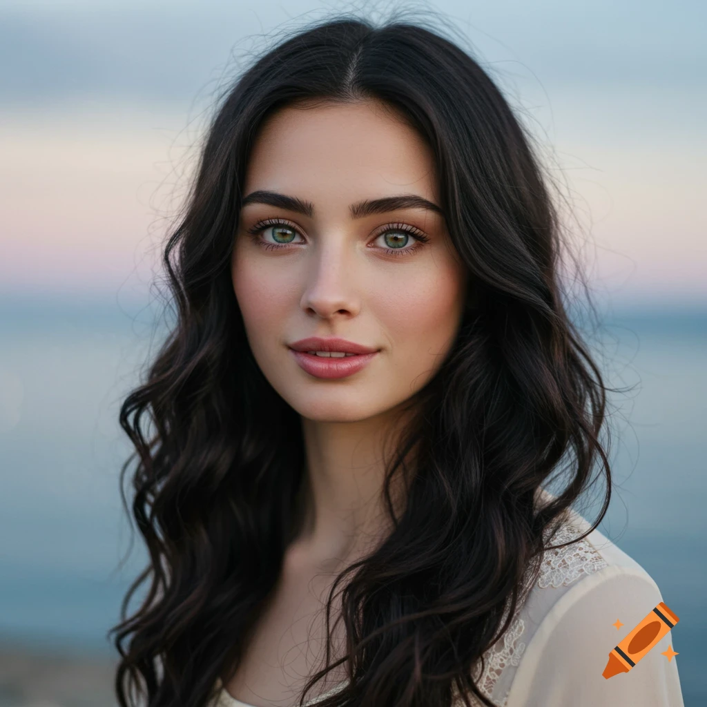 Close-up photorealistic portrait of a young woman with dark wavy hair and striking green eyes, against a blurred water background.