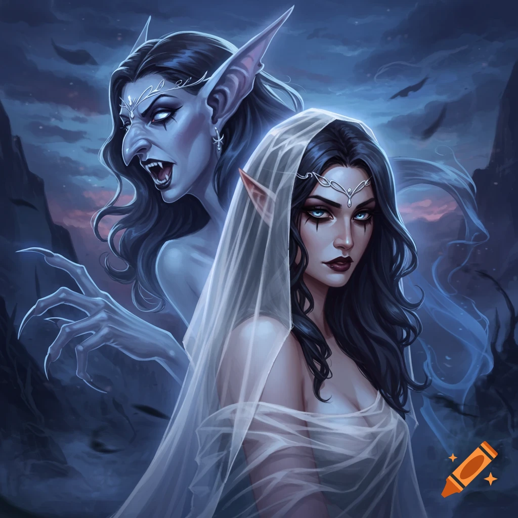 A dark fantasy illustration of a serene woman with a veil and a ghostly, monstrous version of herself with fangs and talons behind her.