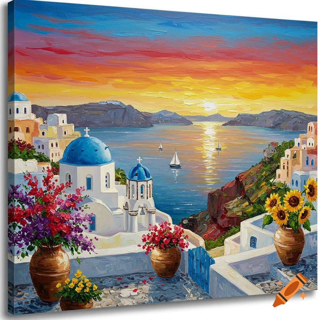 A vibrant impasto painting of Santorini at sunset, featuring white and blue domed buildings overlooking a calm sea with sailboats, and colorful flowers in the foreground.