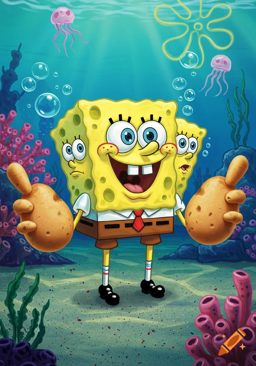 A cartoon SpongeBob with three heads and potato arms stands in a colorful underwater scene with coral and jellyfish.