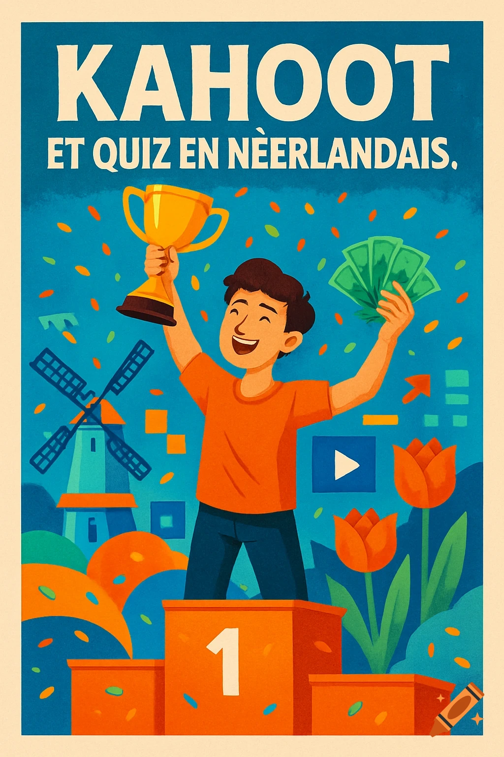 A stylized poster of a happy boy on a winner's podium with a trophy and money, set against a Dutch landscape.