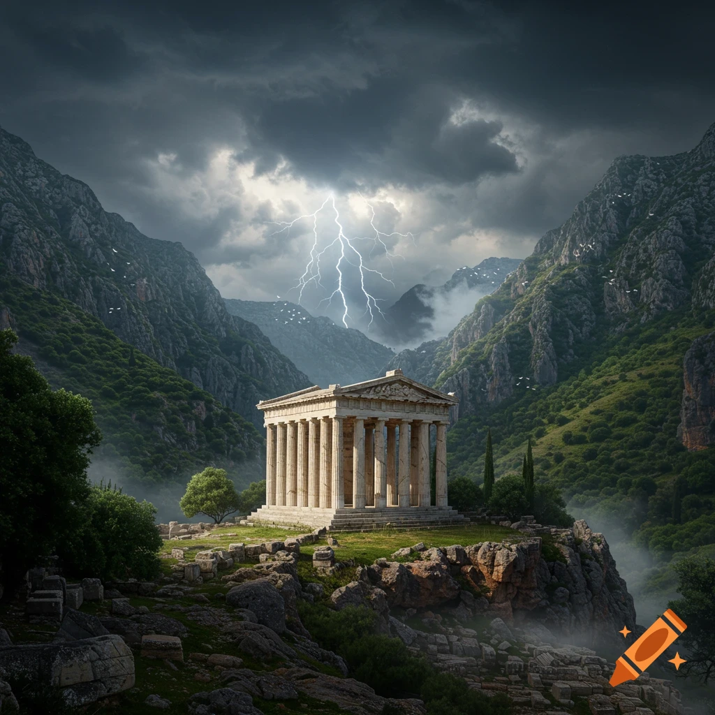 A dramatic shot of an ancient Greek temple nestled in a misty, lush mountain valley under a dark, stormy sky with lightning striking in the distance.