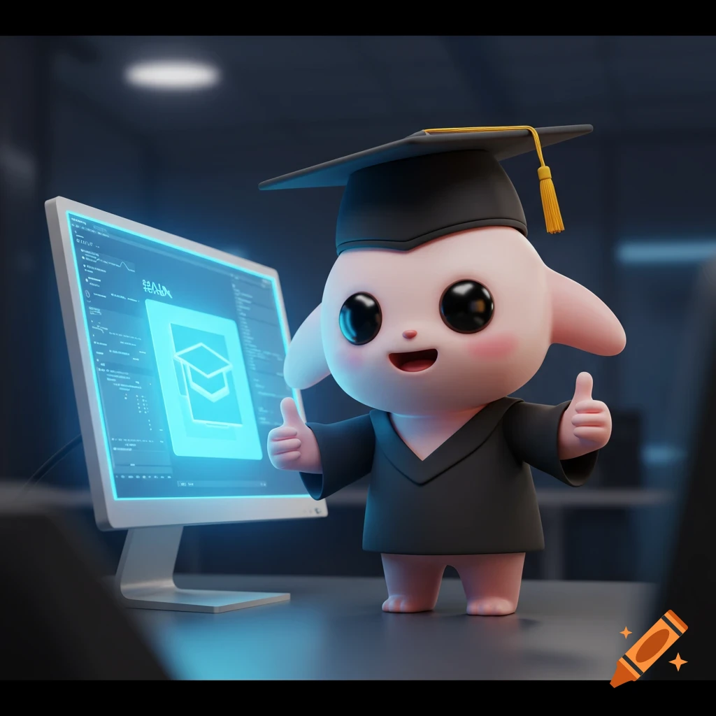 A cute anime-style character in a graduation gown and hat gives thumbs up next to a glowing computer monitor with a graduation cap icon.