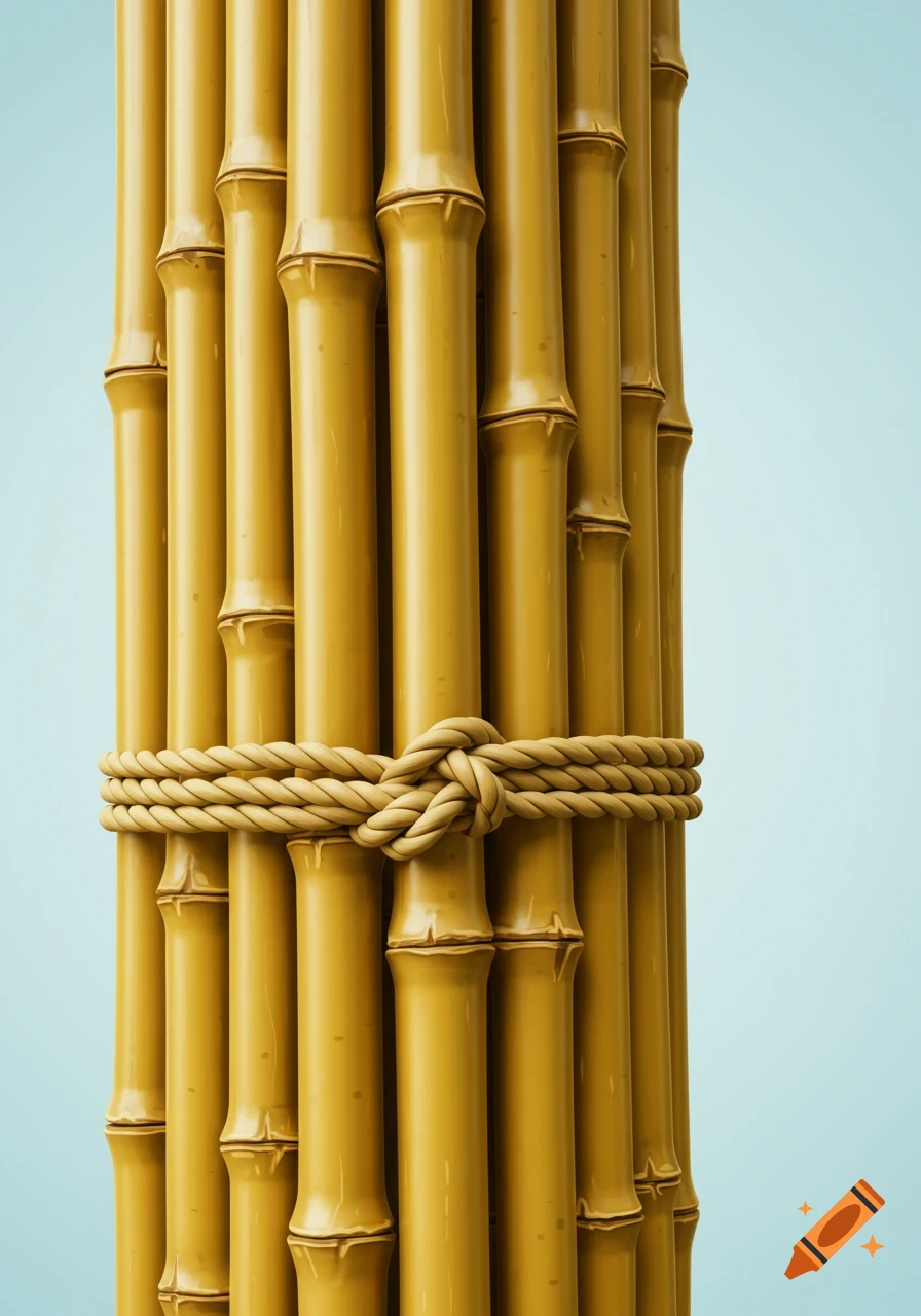 A close-up of a bundle of smooth golden bamboo poles tied together with a textured brown rope knot against a light blue background.