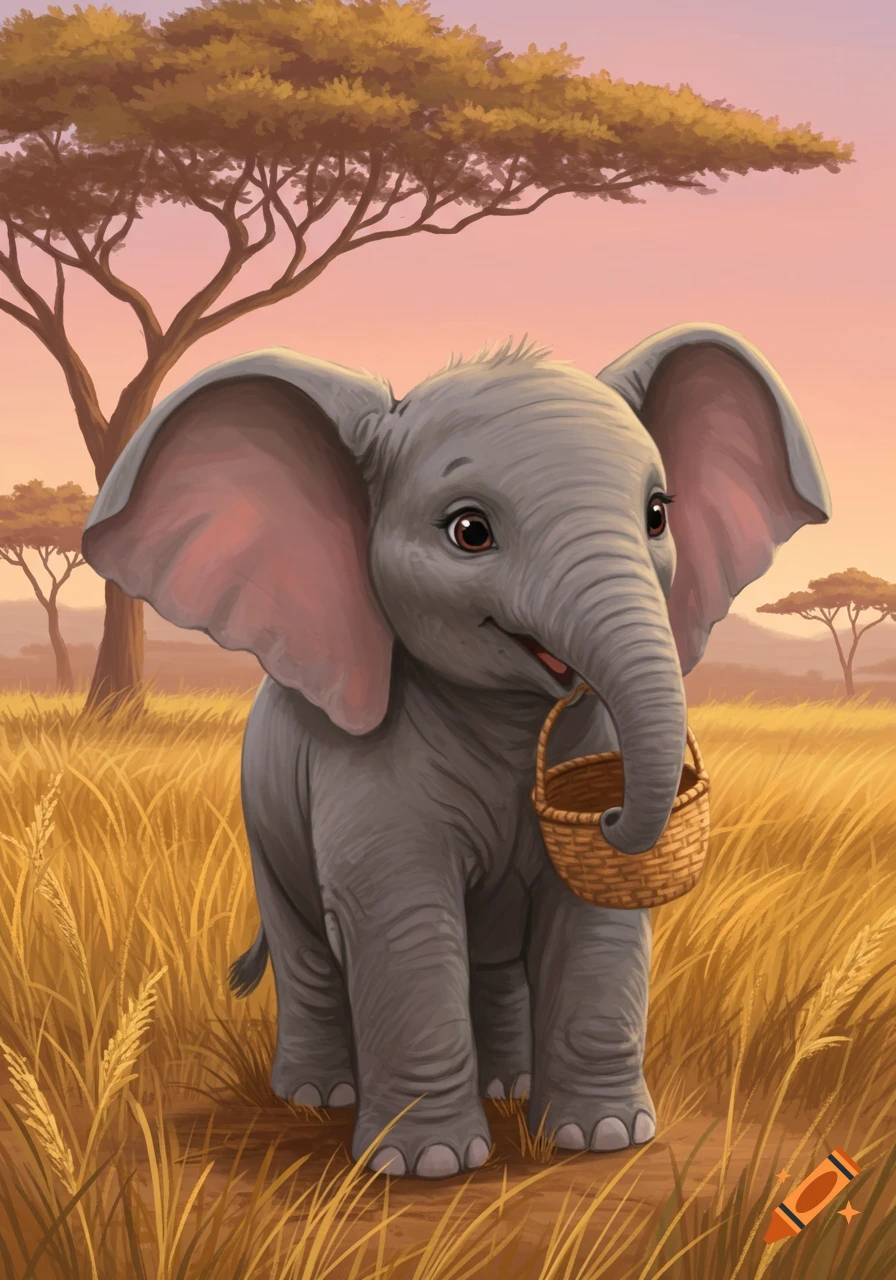 Cute cartoon baby elephant holding a small woven basket in its trunk, standing in golden savanna grass with acacia trees at sunset.