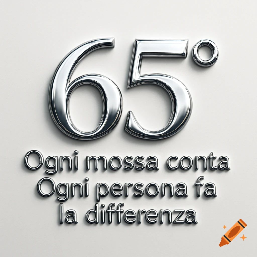 Chrome-plated 3D numbers '65°' with the Italian text 'Ogni mossa conta Ogni persona fa la differenza' below them, on a white background.