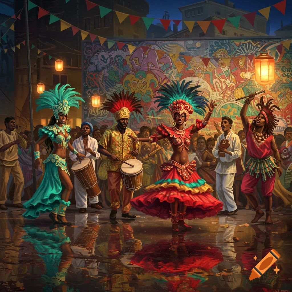 Vibrant illustration of a street carnival at night, with people in colorful costumes dancing and drummers on a wet street reflecting lights.