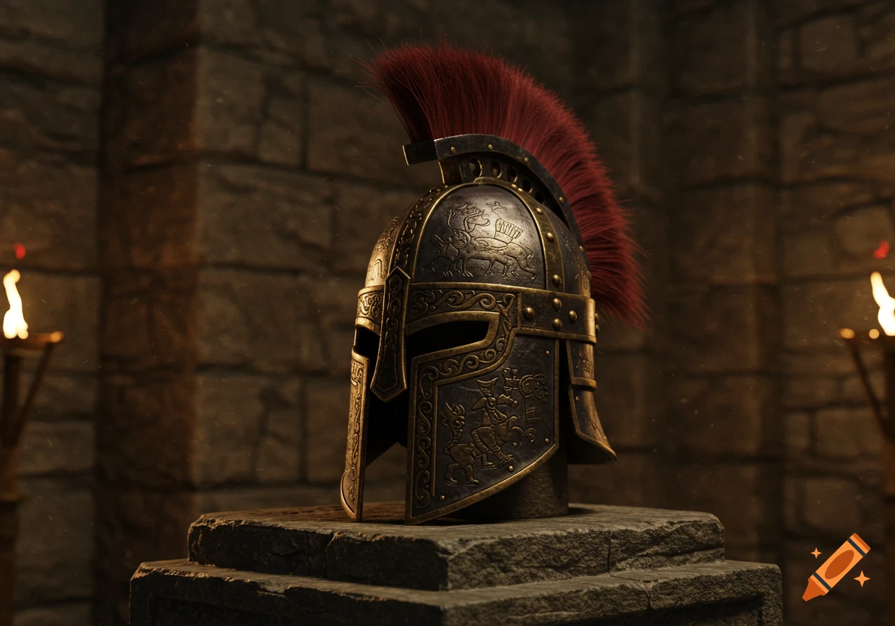 A detailed dwarven helmet with a red plume sits on a stone pedestal in a dimly lit, ancient stone chamber with torches.