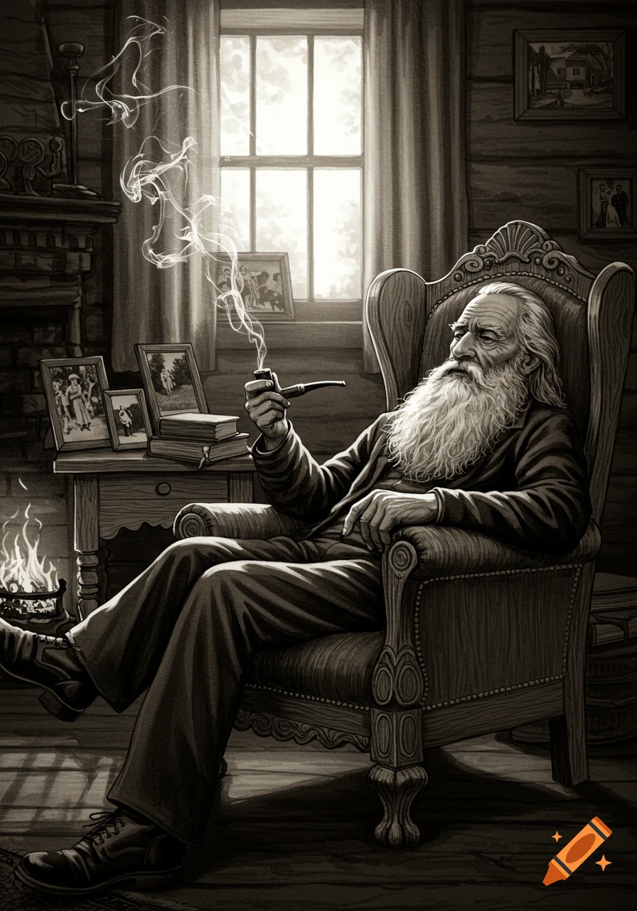 An old man with a long white beard and hair sits in an armchair, smoking a pipe. A fireplace burns on the left, and a bright window is on the right. The image is a sepia-toned illustration.