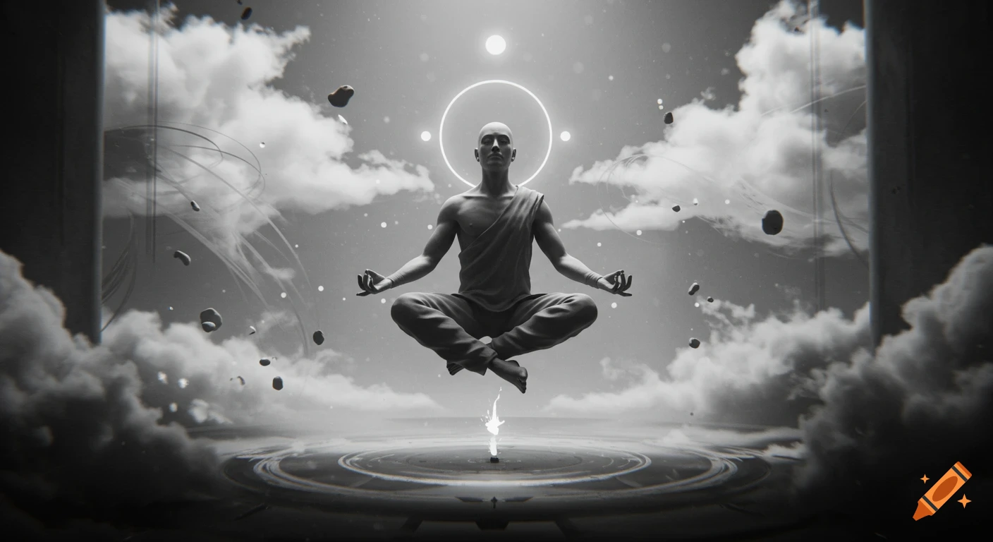A bald man meditates while levitating in a black and white scene with clouds, floating rocks, and a glowing halo.