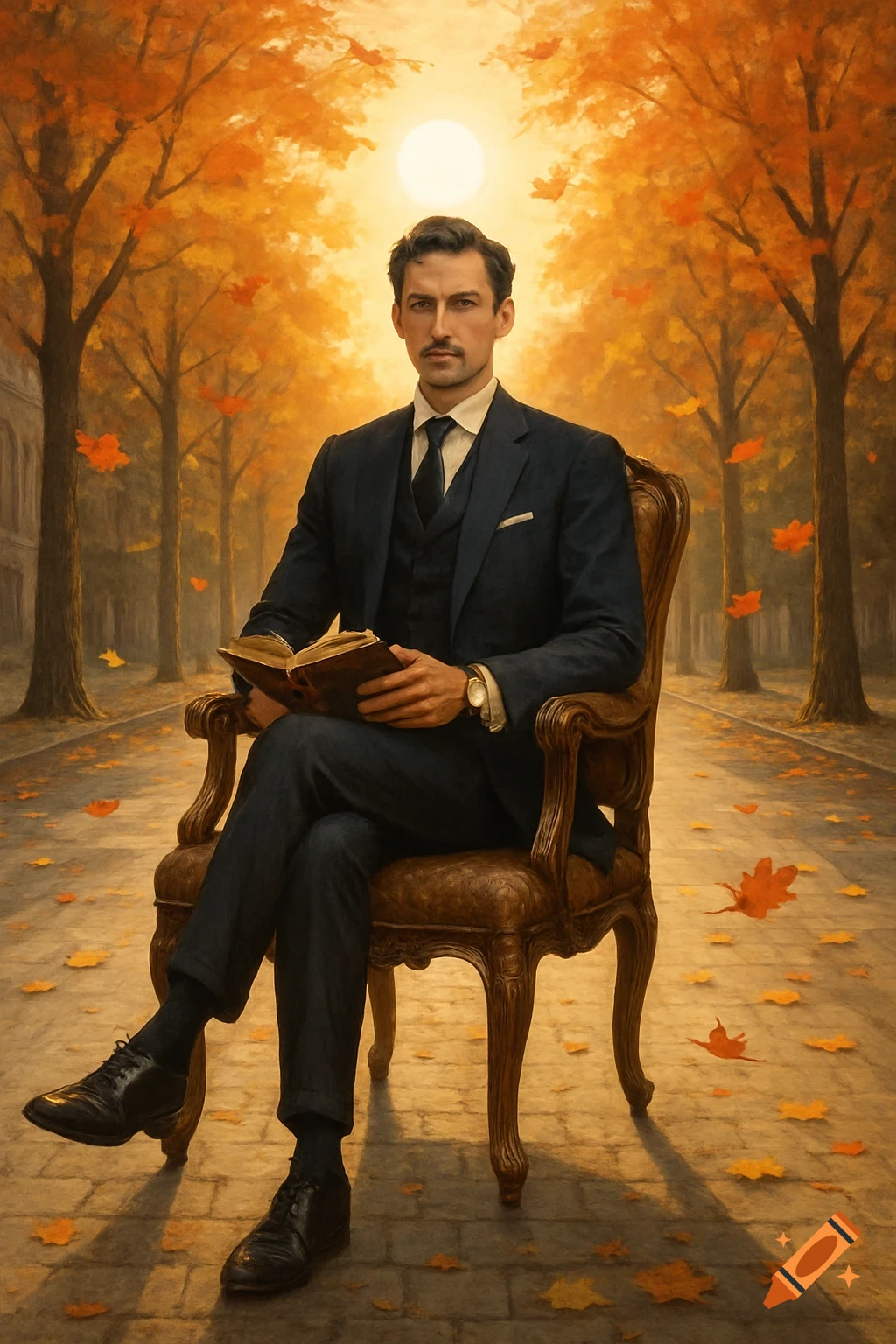 A distinguished man in a suit sits in a carved chair, reading a book on an autumn path with falling orange leaves and trees.