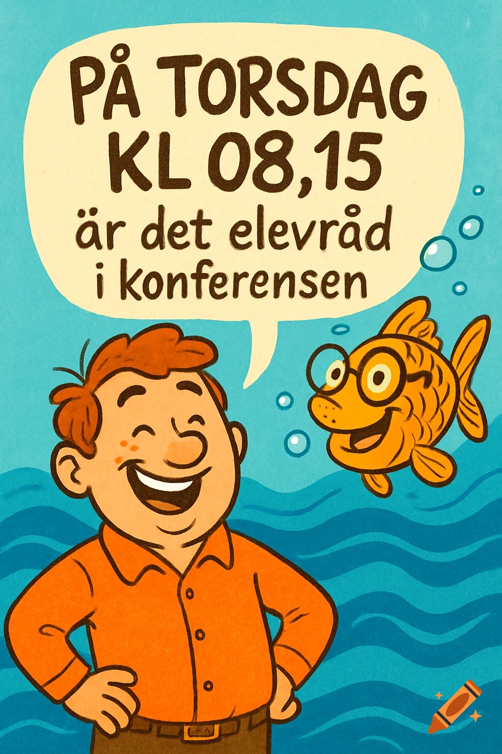 Cartoon man and goldfish smiling in water, speech bubble says: 'På Torsdag KL 08,15 är det elevråd i konferensen'.