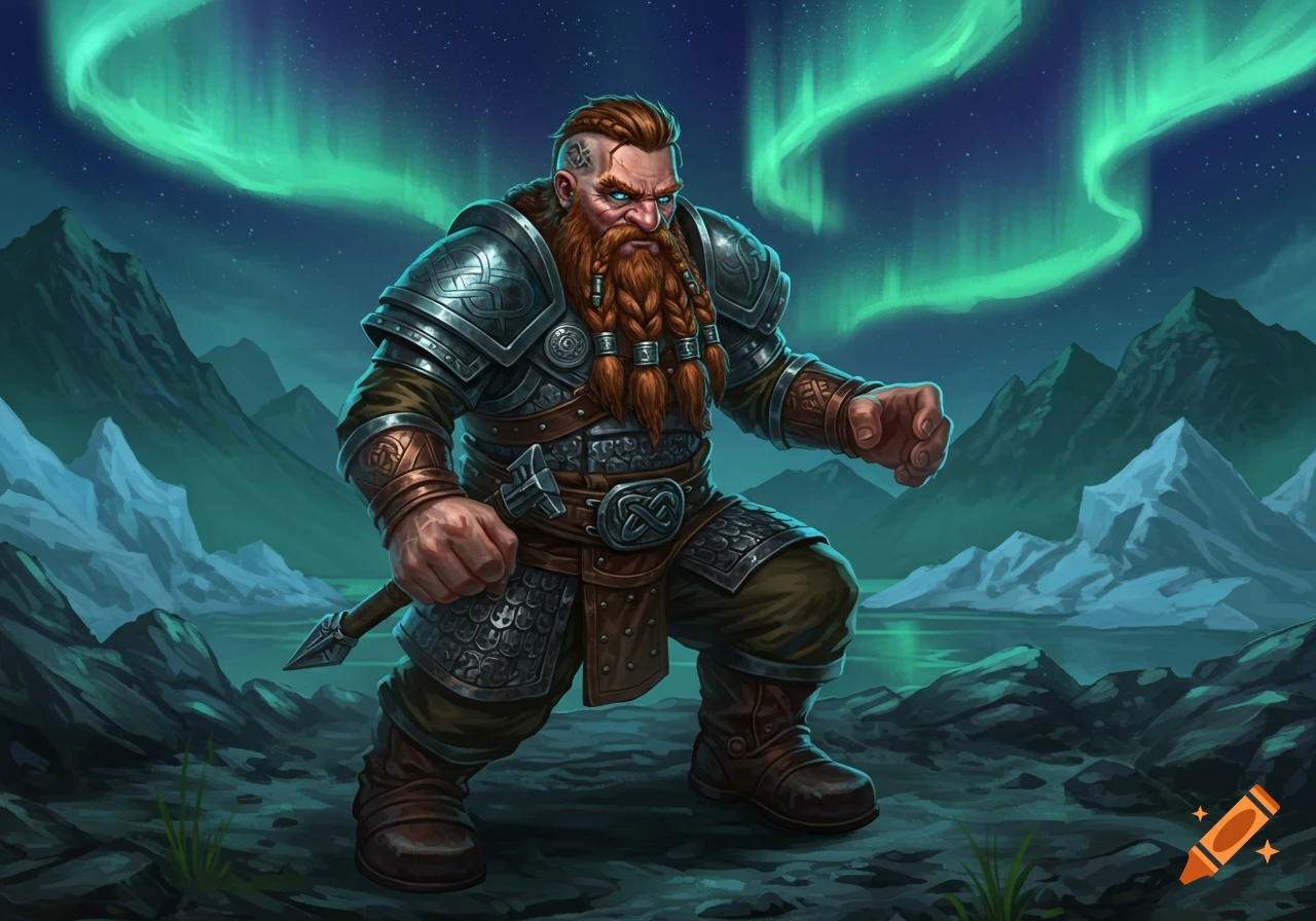 A fierce dwarf warrior with a braided red beard and armored chest stands under a green aurora borealis in a snowy mountain landscape.