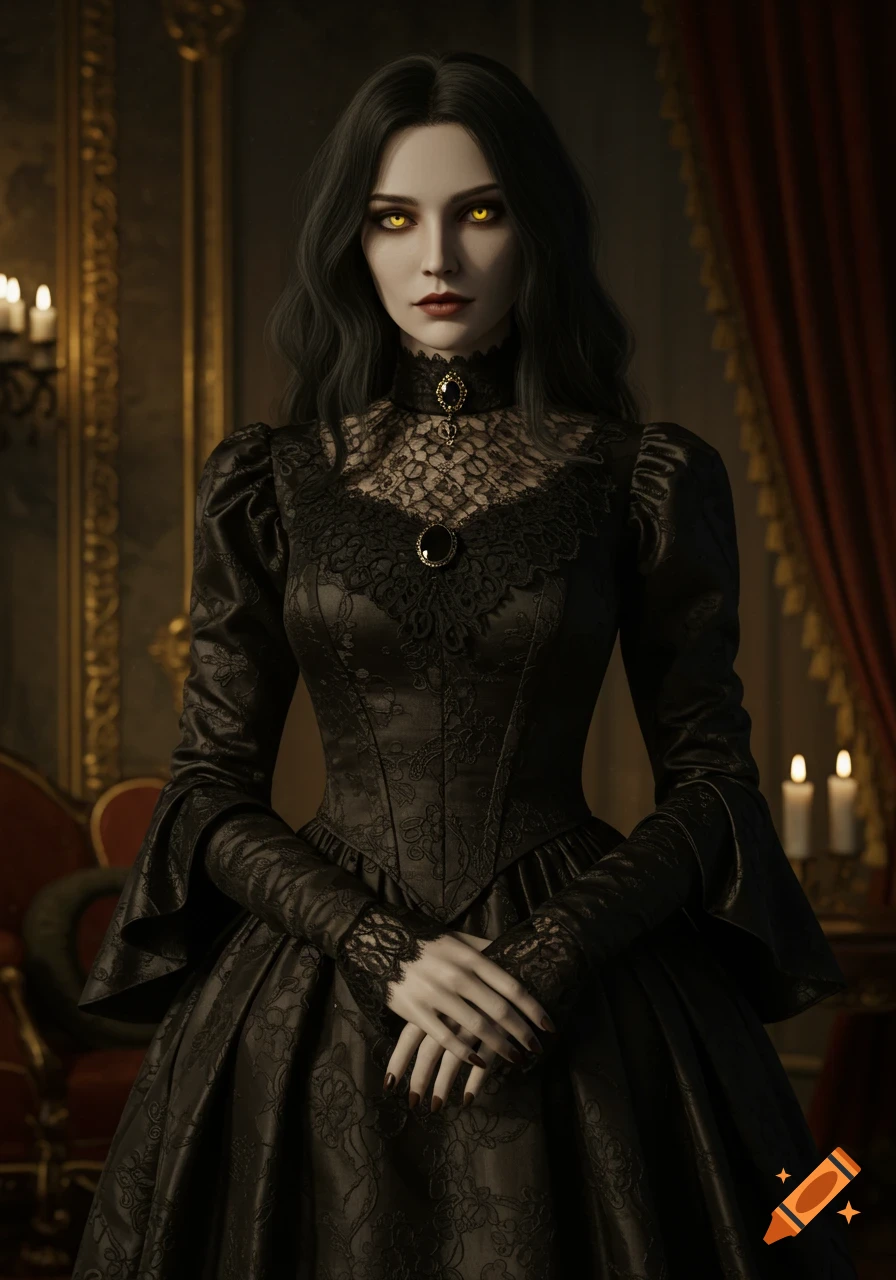 A photorealistic portrait of a dark-haired woman with pale skin and glowing golden eyes, wearing a black Victorian gown.