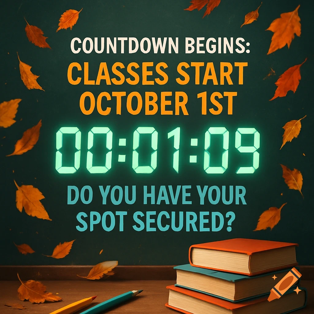 Countdown display on a green background with autumn leaves, books, and pencils, announcing 'CLASSES START OCTOBER 1ST' and asking 'DO YOU HAVE YOUR SPOT SECURED?'
