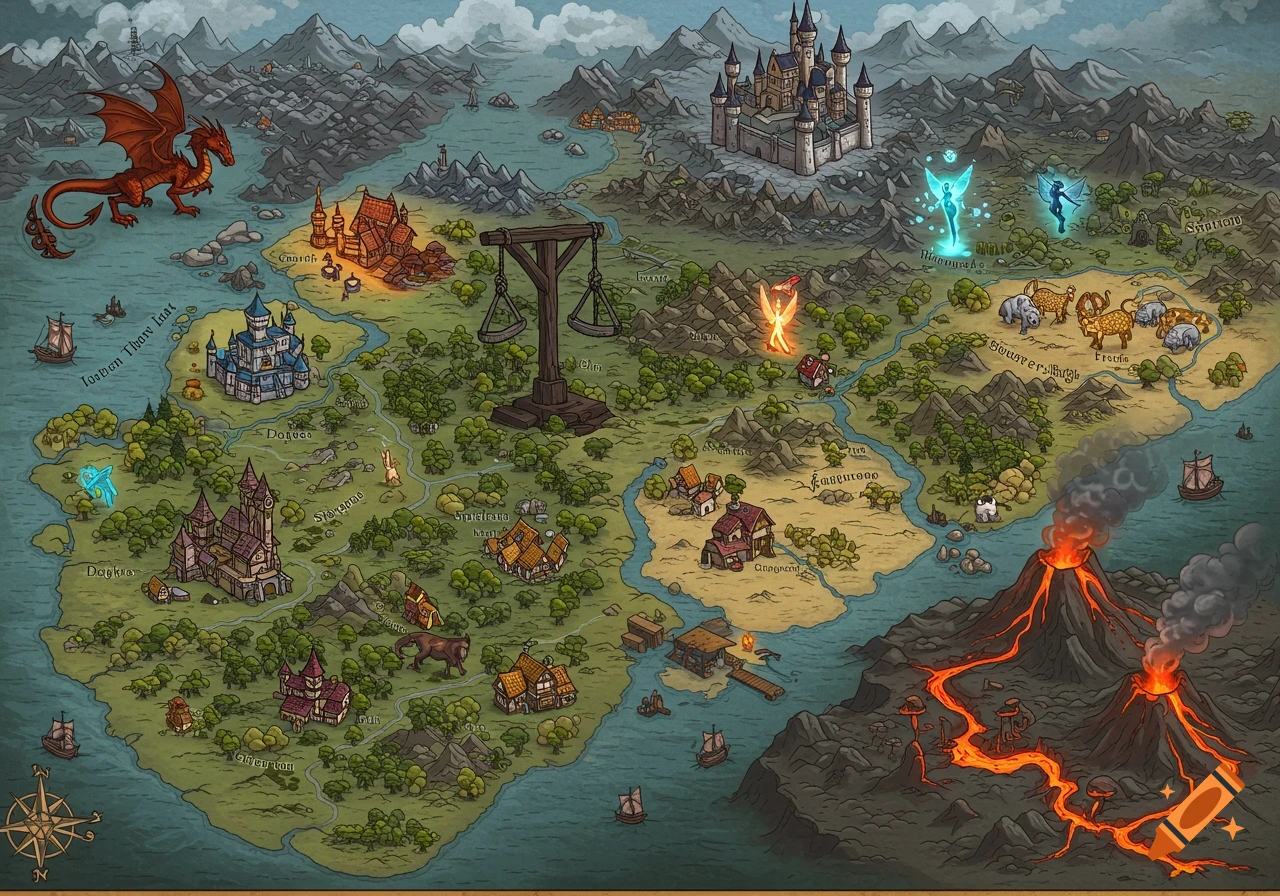 Detailed fantasy map featuring various lands, castles, a dragon, fairies, a gallows, villages, mountains, a coastline, ships, and volcanoes.