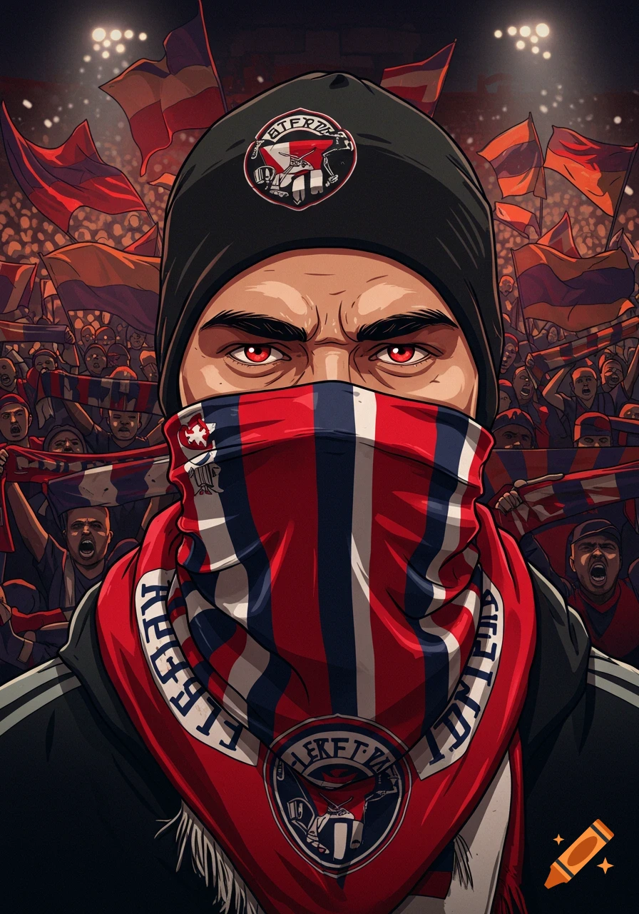 A vector illustration of a masked soccer fan with red eyes and a striped scarf, in front of a cheering crowd of fans with flags under stadium lights.