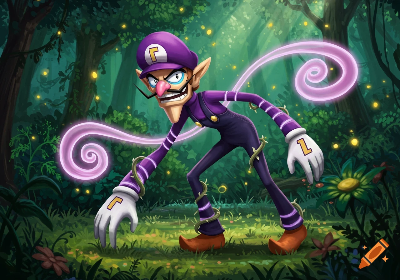 Waluigi, the tall, thin character from Super Mario, stands menacingly in a dark forest, surrounded by glowing purple tendrils.