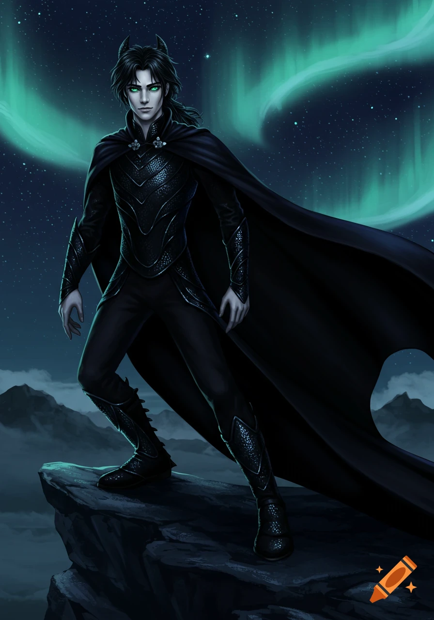 A human-like character with black hair, green eyes, and small horns, wearing a dark armored suit and cape, stands on a rocky cliff under an aurora-lit night sky.